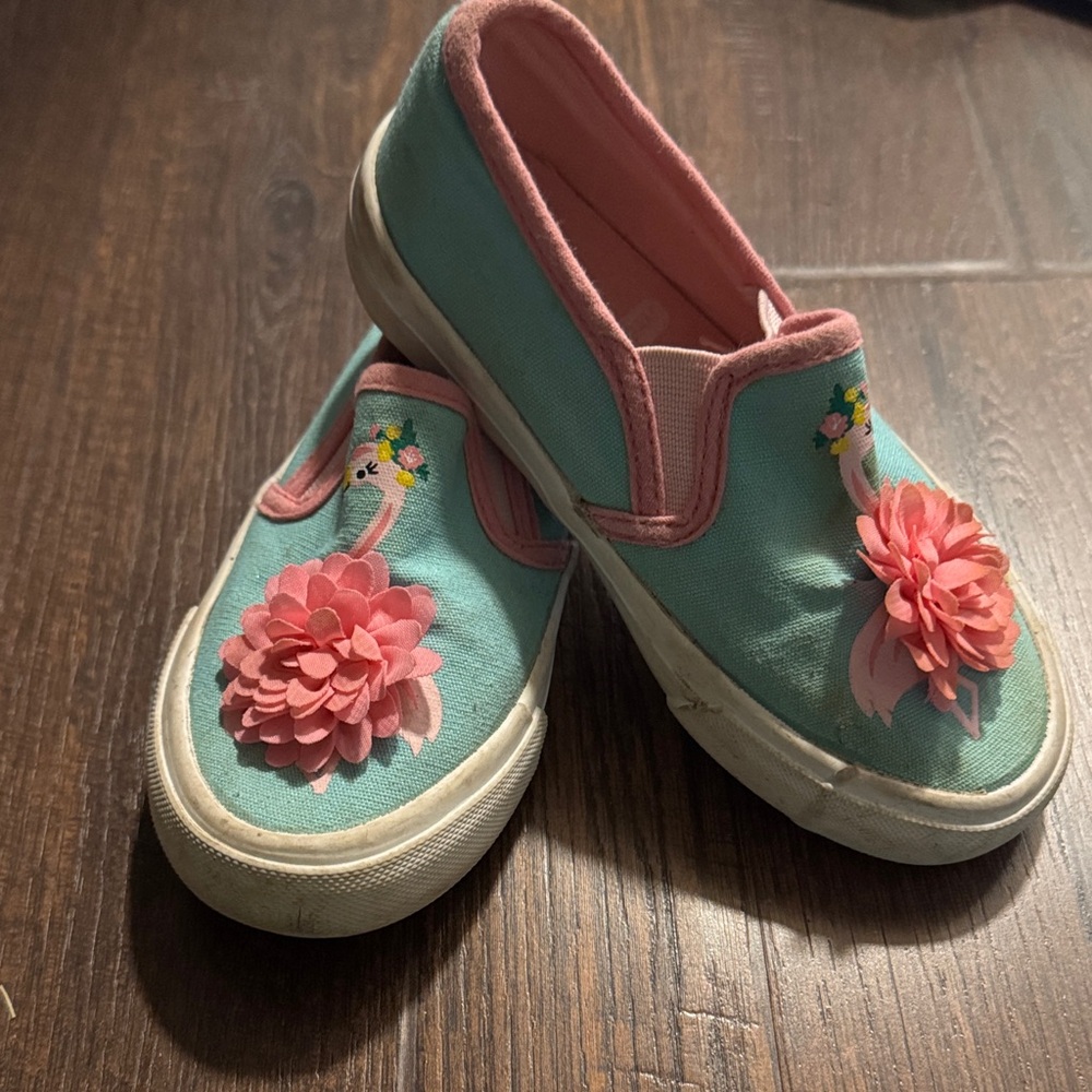 Girls Pink & Aqua Slip-On Shoes with Flamingo and Floral Detail